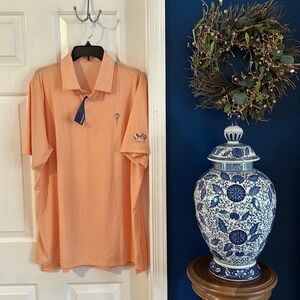 NWT Draddy Sport Jimmy Orange & White Striped Polyester & Spandex Golf Polo